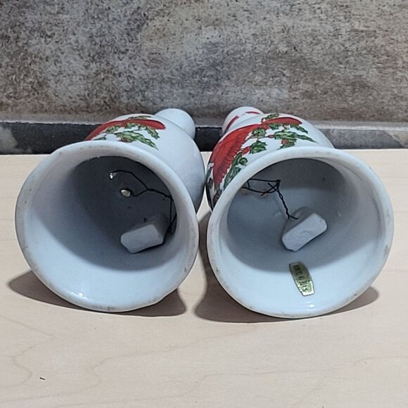Vintage Pair Porcelain Bells Hand Painted Red Cardinal Bird on Branch Holly and - Picture 4 of 9